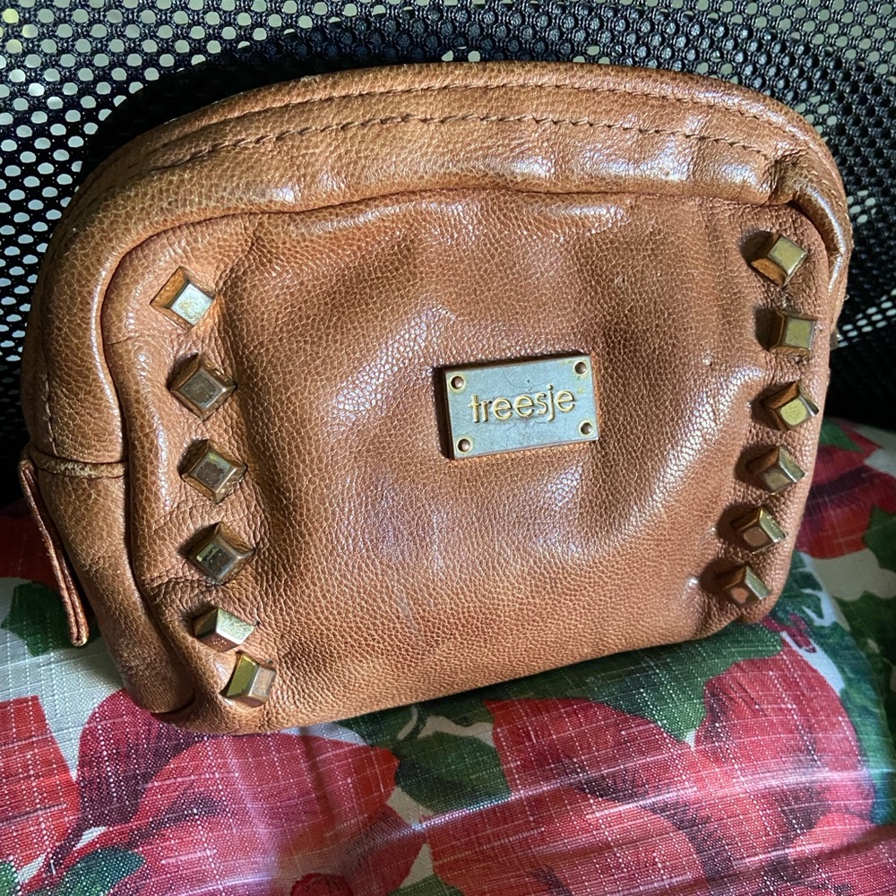 TREESJE Walnut Leather Gold Stud Zip Top Cosmetic Bag